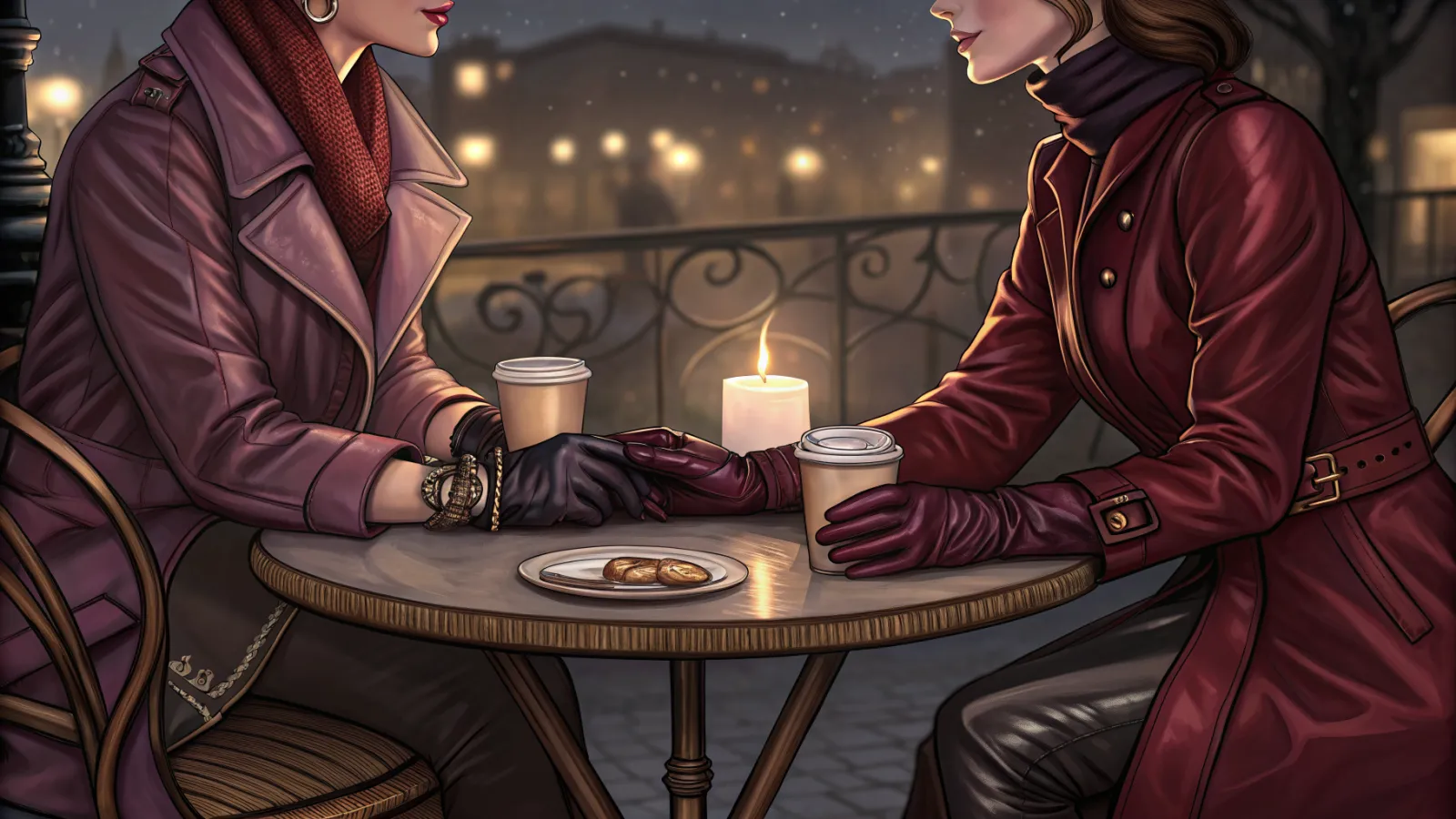 Illustration of two gloved hands meeting across a candlelit cafe table at dusk