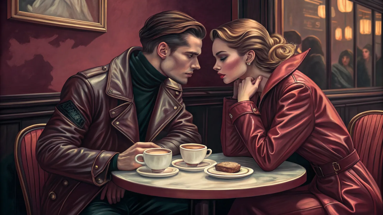 Illustration of a couple leaning in close across a small cafe table, two coffee cups between them