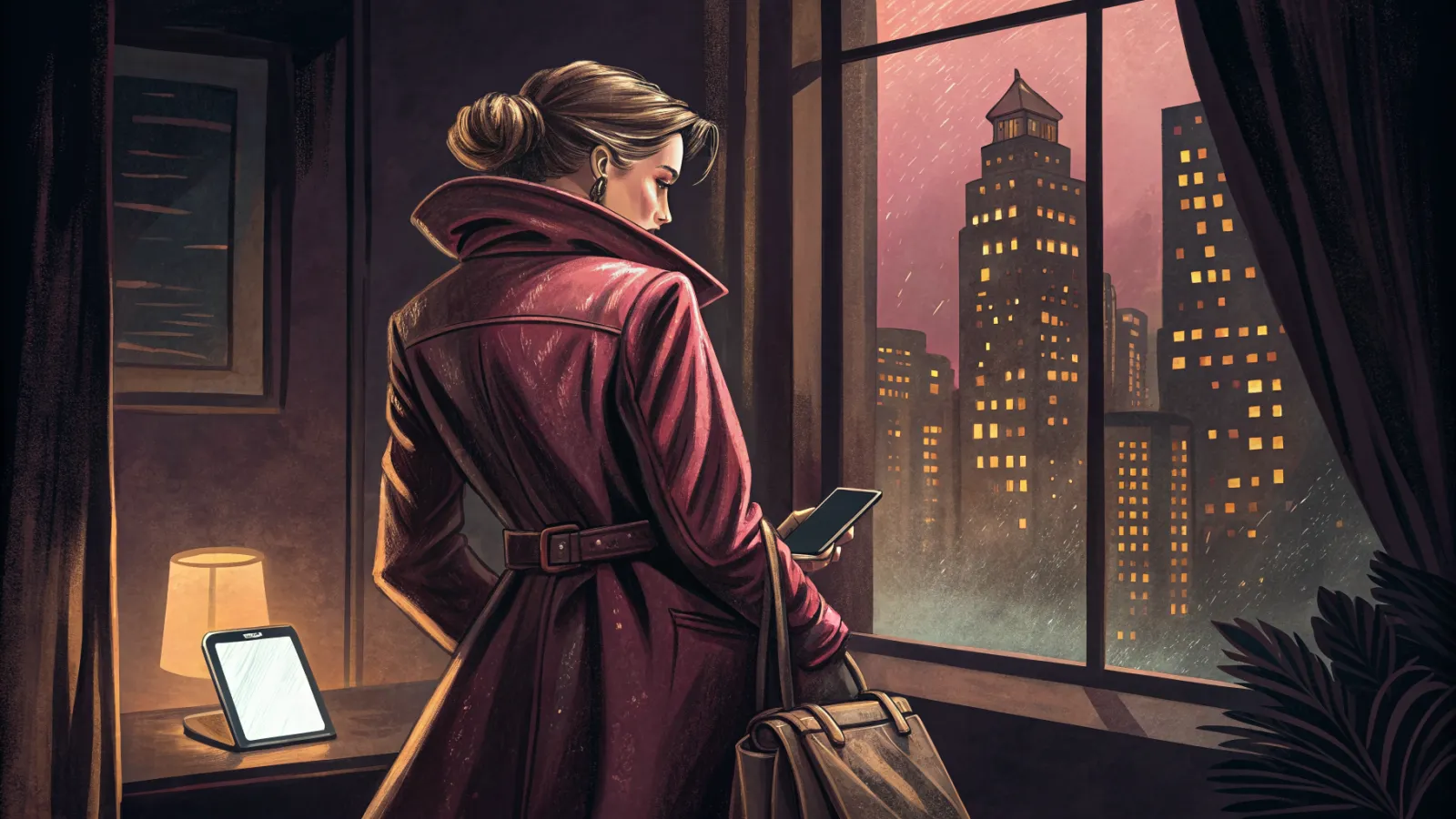 Illustration of a woman in a burgundy trench coat seen from behind, looking at her phone by a rainy city window at night