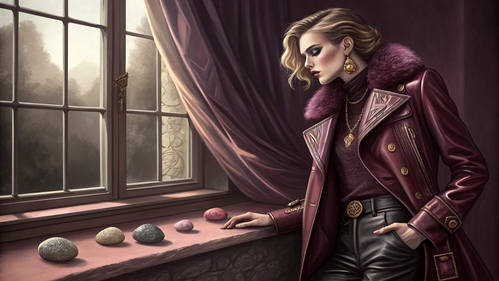 Illustration of a woman in a leather coat by a window, a row of smooth stones on the sill