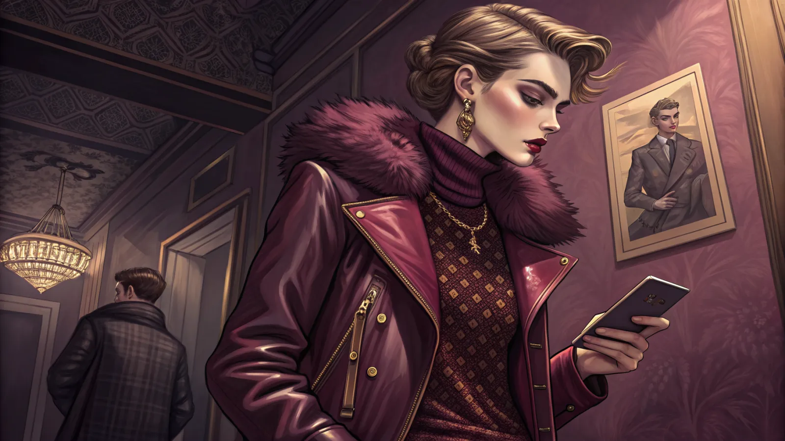 Illustration of a woman in a fur-collared coat looking down at her phone, a man walking away in the background