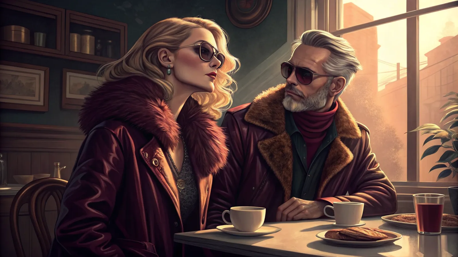 Illustration of a couple in fur-collared coats and sunglasses sharing coffee at a sunlit table